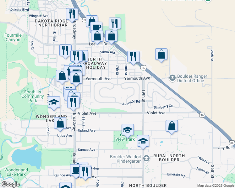 map of restaurants, bars, coffee shops, grocery stores, and more near 441 Peach Court in Boulder