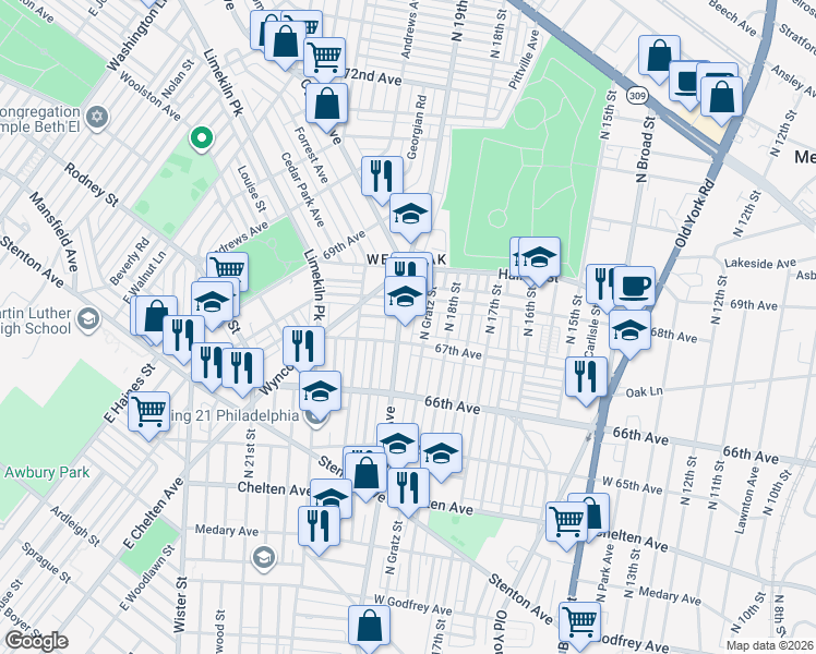 map of restaurants, bars, coffee shops, grocery stores, and more near 1818 67th Avenue in Philadelphia