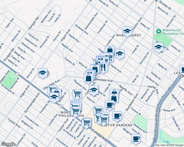 map of restaurants, bars, coffee shops, grocery stores, and more near 1914 Afton Street in Philadelphia