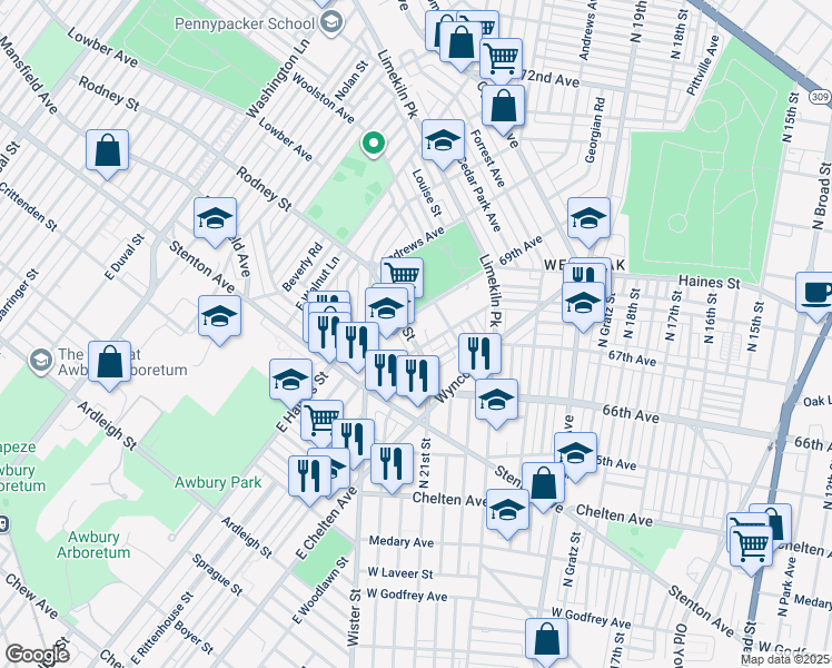 map of restaurants, bars, coffee shops, grocery stores, and more near 6817 Rodney Street in Philadelphia