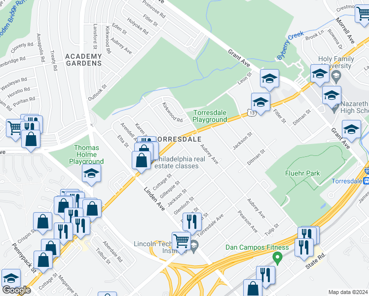map of restaurants, bars, coffee shops, grocery stores, and more near Pearson Avenue & Walker Street in Philadelphia