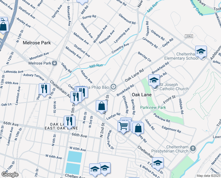 map of restaurants, bars, coffee shops, grocery stores, and more near 7500 Oak Lane Road in Melrose Park