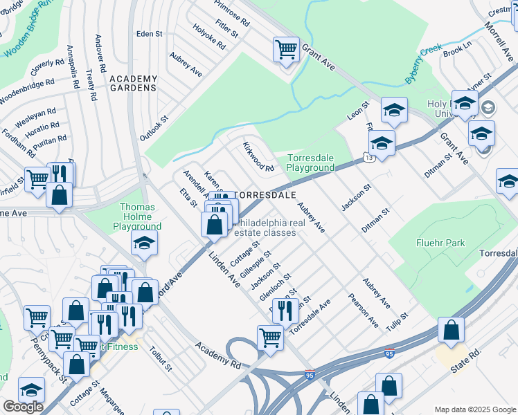 map of restaurants, bars, coffee shops, grocery stores, and more near 9335 Frankford Avenue in Philadelphia