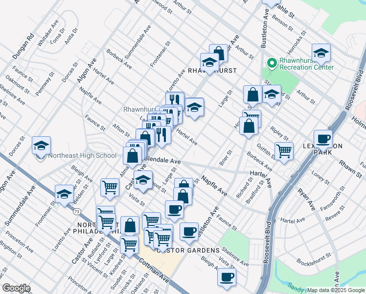 map of restaurants, bars, coffee shops, grocery stores, and more near 2101 Glendale Avenue in Philadelphia