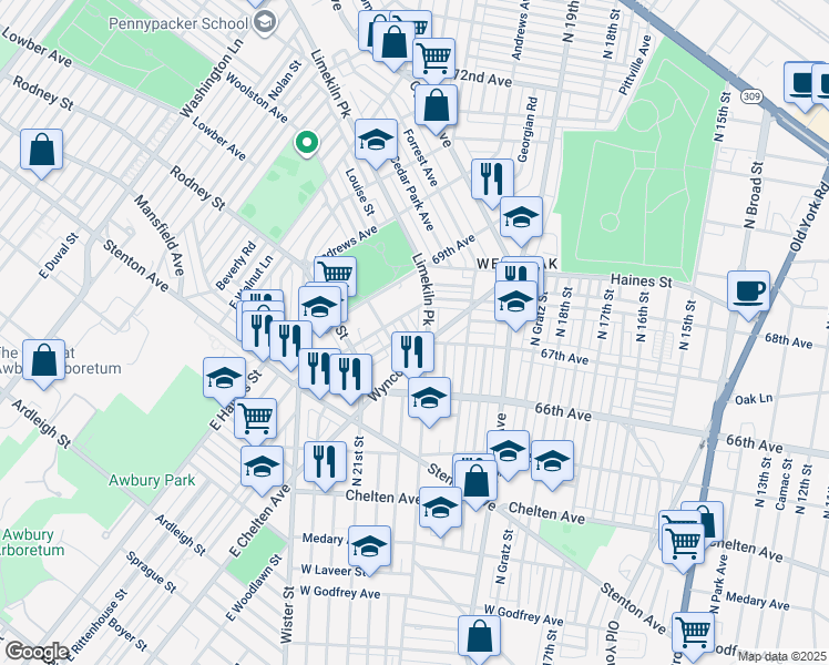 map of restaurants, bars, coffee shops, grocery stores, and more near 6719 North Woodstock Street in Philadelphia