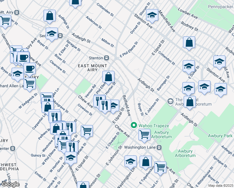 map of restaurants, bars, coffee shops, grocery stores, and more near East Montana Street in Philadelphia