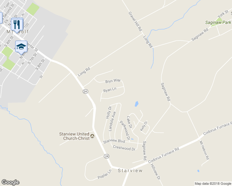 map of restaurants, bars, coffee shops, grocery stores, and more near 135 Bryn Way in Mount Wolf