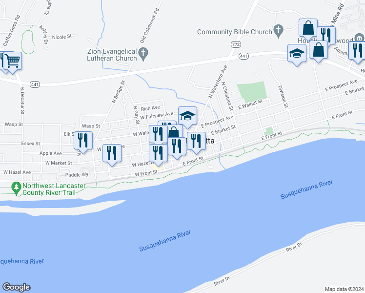 map of restaurants, bars, coffee shops, grocery stores, and more near 10 West Market Street in Marietta