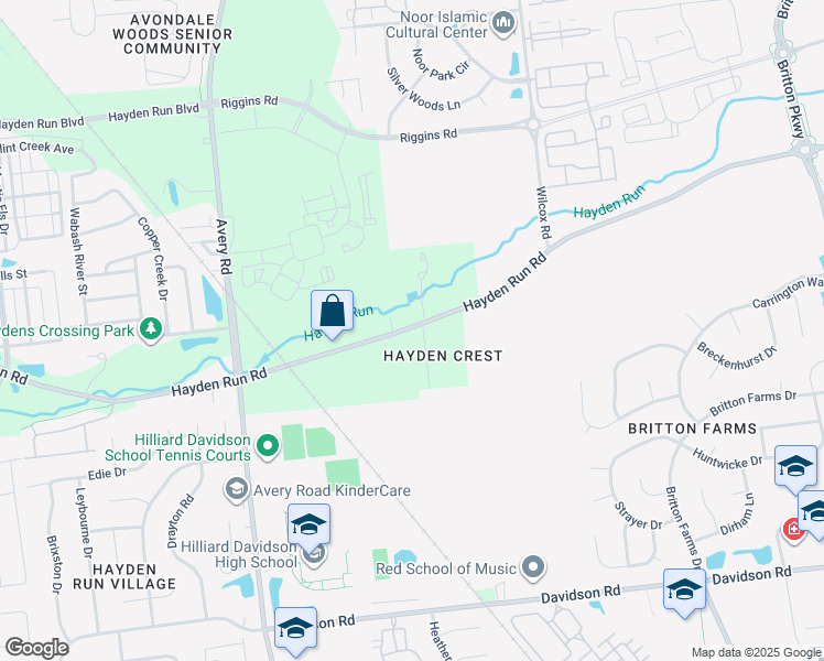 map of restaurants, bars, coffee shops, grocery stores, and more near 9321 Hayden Crest Road in Hilliard