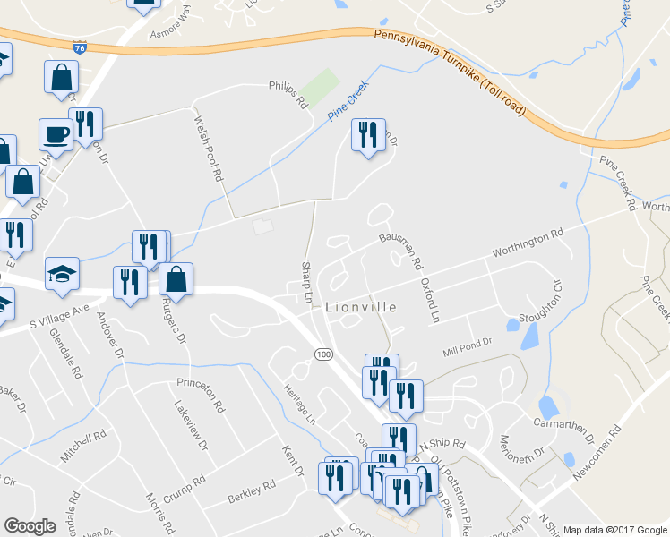 map of restaurants, bars, coffee shops, grocery stores, and more near 106 Conway Court in Exton