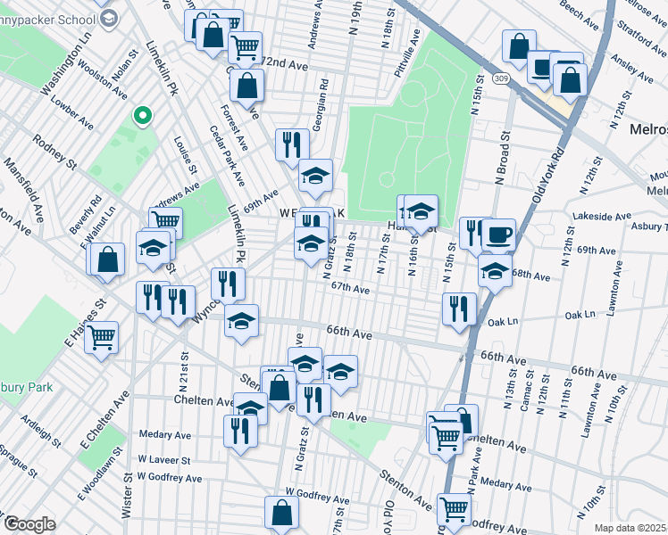 map of restaurants, bars, coffee shops, grocery stores, and more near 6725 North Gratz Street in Philadelphia