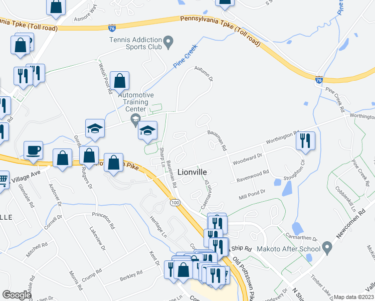 map of restaurants, bars, coffee shops, grocery stores, and more near 107 Conway Court in Exton