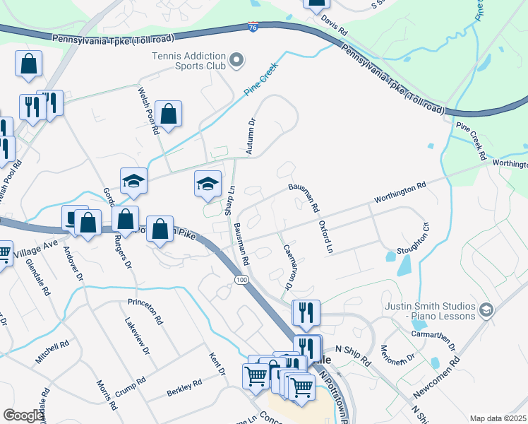 map of restaurants, bars, coffee shops, grocery stores, and more near 107 Conway Court in Exton