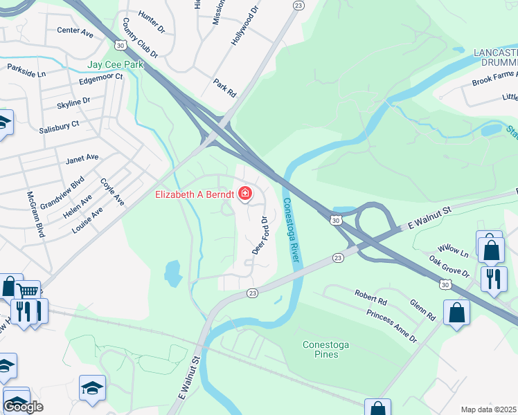 map of restaurants, bars, coffee shops, grocery stores, and more near 153 Deer Ford Drive in Lancaster