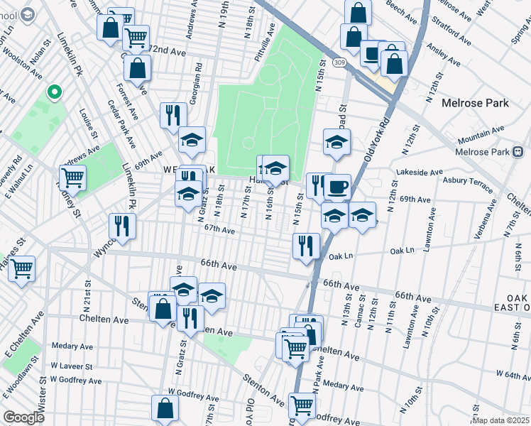 map of restaurants, bars, coffee shops, grocery stores, and more near 6746 North 16th Street in Philadelphia