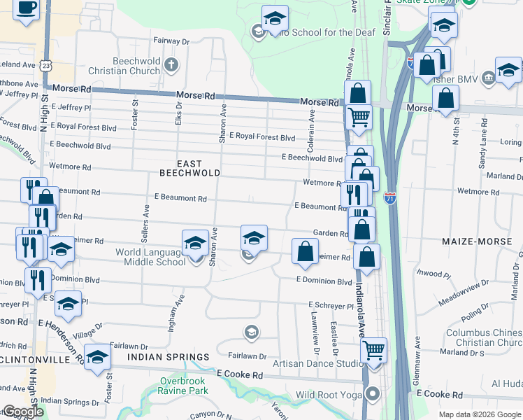 map of restaurants, bars, coffee shops, grocery stores, and more near 524 Garden Road in Columbus
