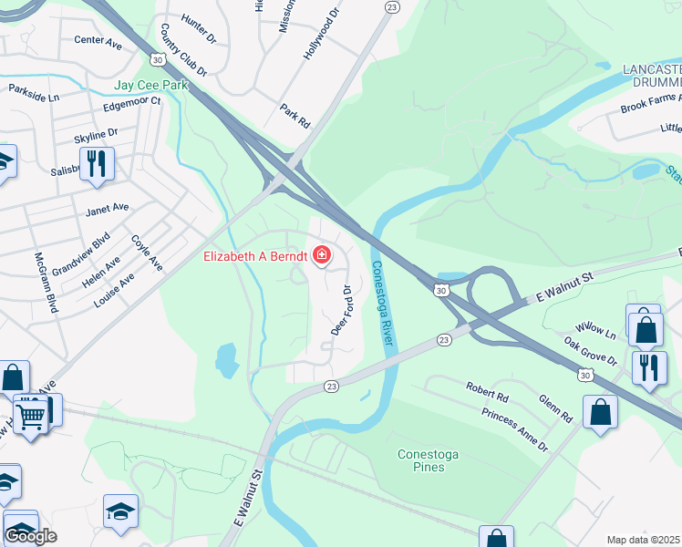 map of restaurants, bars, coffee shops, grocery stores, and more near 153 Deer Ford Drive in Lancaster