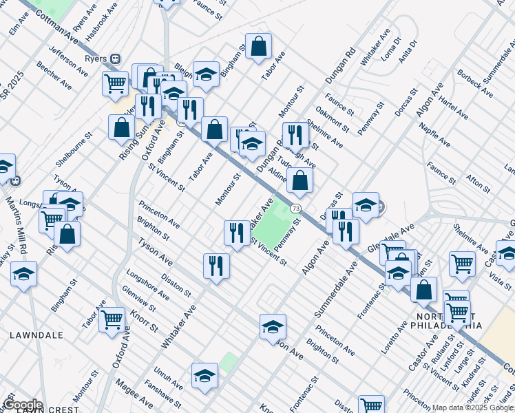 map of restaurants, bars, coffee shops, grocery stores, and more near 7228 Whitaker Avenue in Philadelphia