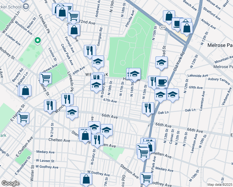 map of restaurants, bars, coffee shops, grocery stores, and more near 6737 North Bouvier Street in Philadelphia