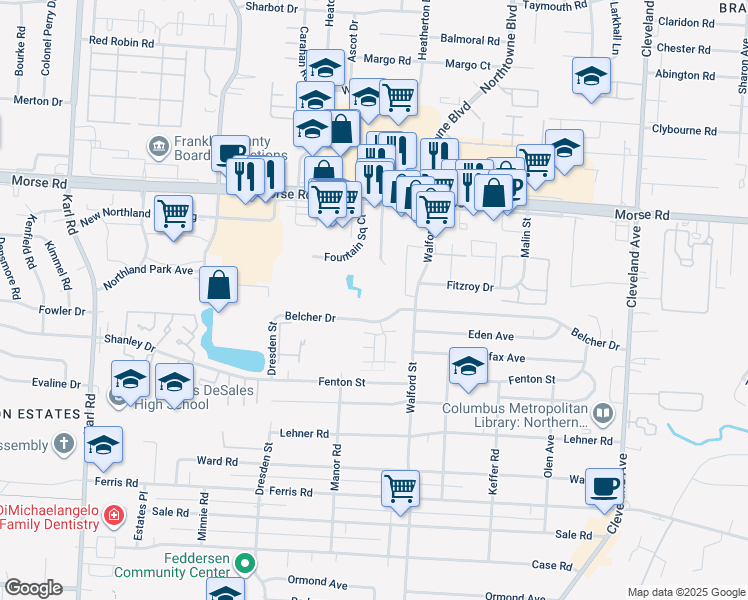map of restaurants, bars, coffee shops, grocery stores, and more near 1980 Belcher Drive in Columbus