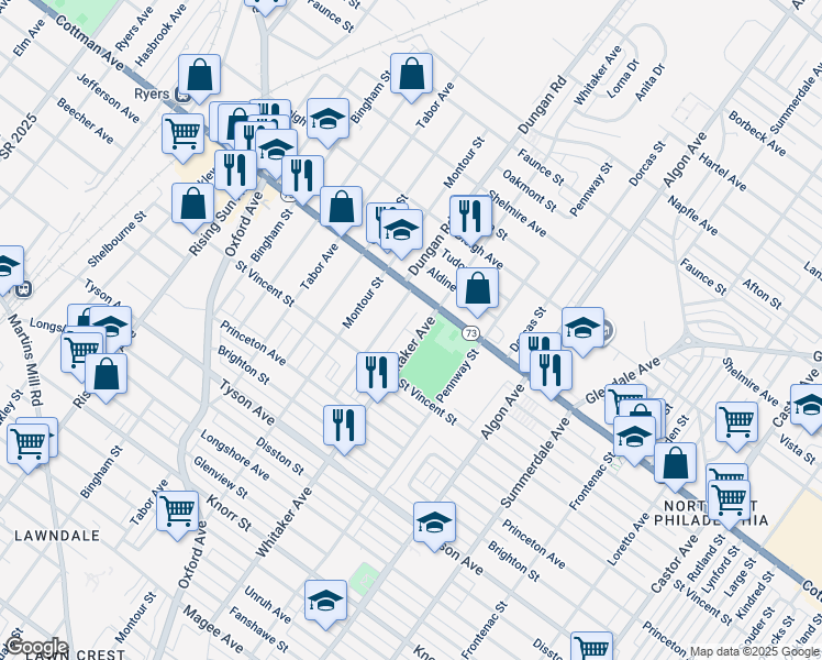 map of restaurants, bars, coffee shops, grocery stores, and more near 7228 Whitaker Avenue in Philadelphia