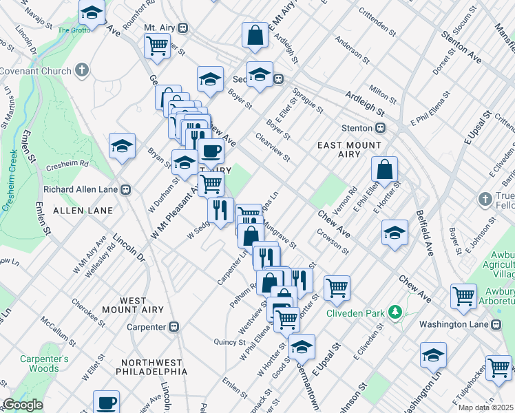 map of restaurants, bars, coffee shops, grocery stores, and more near 6835 Musgrave Street in Philadelphia