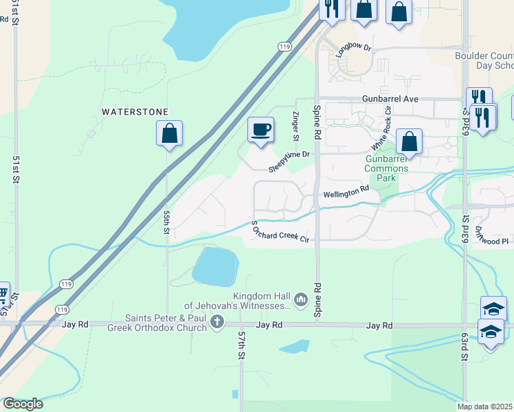 map of restaurants, bars, coffee shops, grocery stores, and more near 5709 North Orchard Creek Circle in Boulder