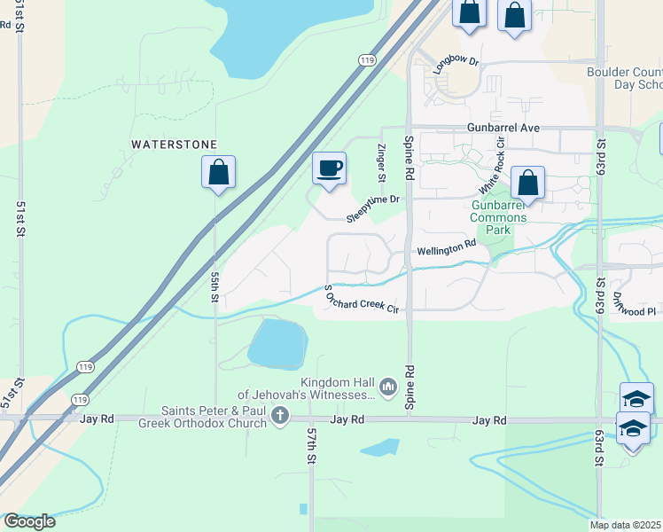 map of restaurants, bars, coffee shops, grocery stores, and more near 5709 North Orchard Creek Circle in Boulder