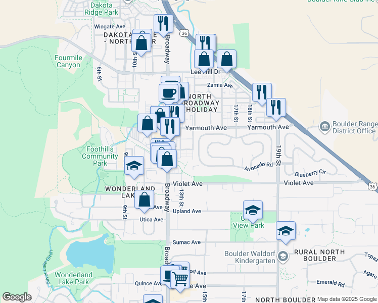 map of restaurants, bars, coffee shops, grocery stores, and more near 4540 Broadway in Boulder