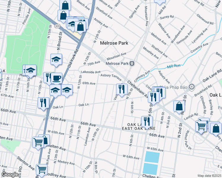 map of restaurants, bars, coffee shops, grocery stores, and more near 6816 Verbena Avenue in Philadelphia