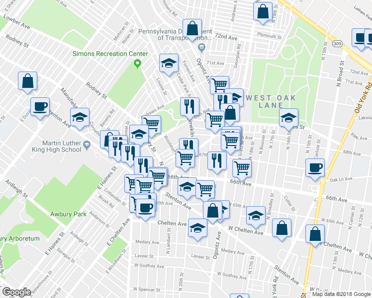 map of restaurants, bars, coffee shops, grocery stores, and more near 6662 Wyncote Avenue in Philadelphia