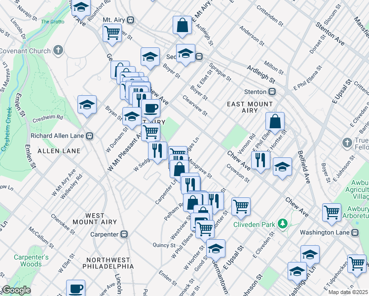 map of restaurants, bars, coffee shops, grocery stores, and more near 6835 Musgrave Street in Philadelphia