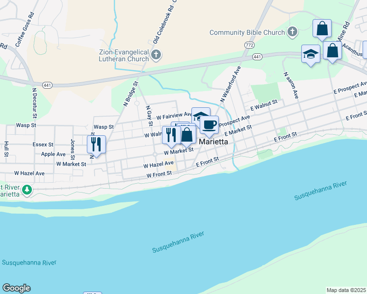 map of restaurants, bars, coffee shops, grocery stores, and more near 133 West Market Street in Marietta