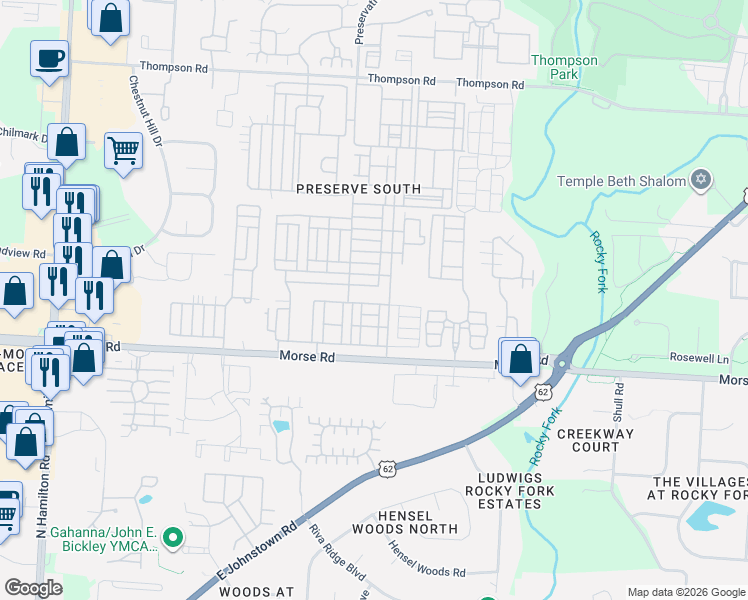 map of restaurants, bars, coffee shops, grocery stores, and more near 3683 Preserve Crossing Boulevard in Columbus