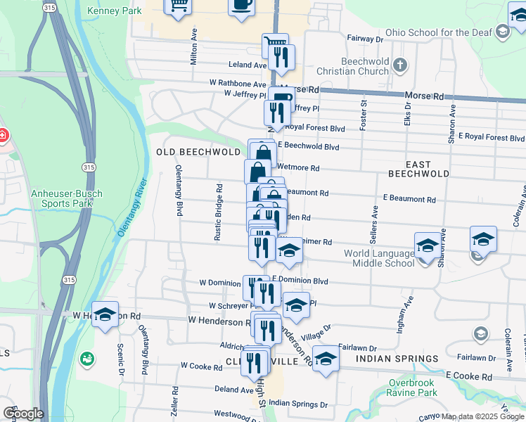 map of restaurants, bars, coffee shops, grocery stores, and more near 4591 North High Street in Columbus