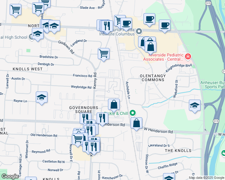 map of restaurants, bars, coffee shops, grocery stores, and more near 1081 Bridgeway Circle in Columbus