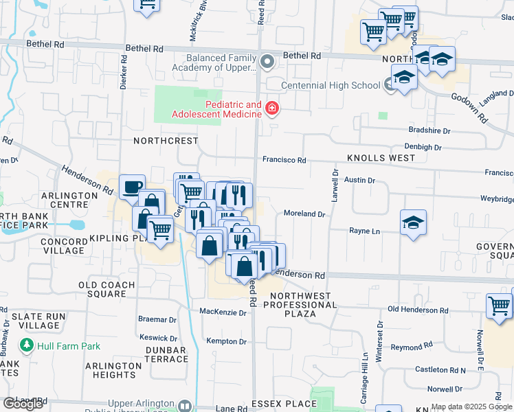 map of restaurants, bars, coffee shops, grocery stores, and more near 4900 Reed Road in Columbus