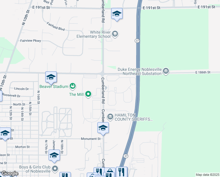 map of restaurants, bars, coffee shops, grocery stores, and more near 322 Nelson Circle in Noblesville