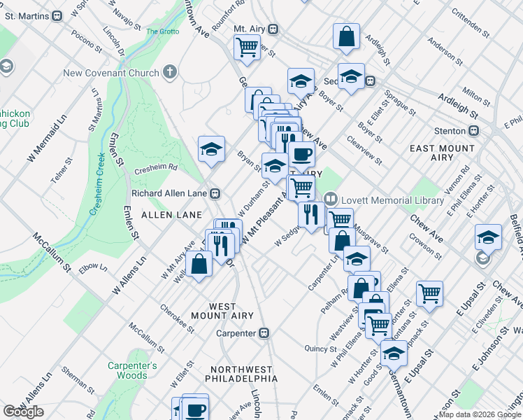 map of restaurants, bars, coffee shops, grocery stores, and more near 214 West Mount Pleasant Avenue in Philadelphia