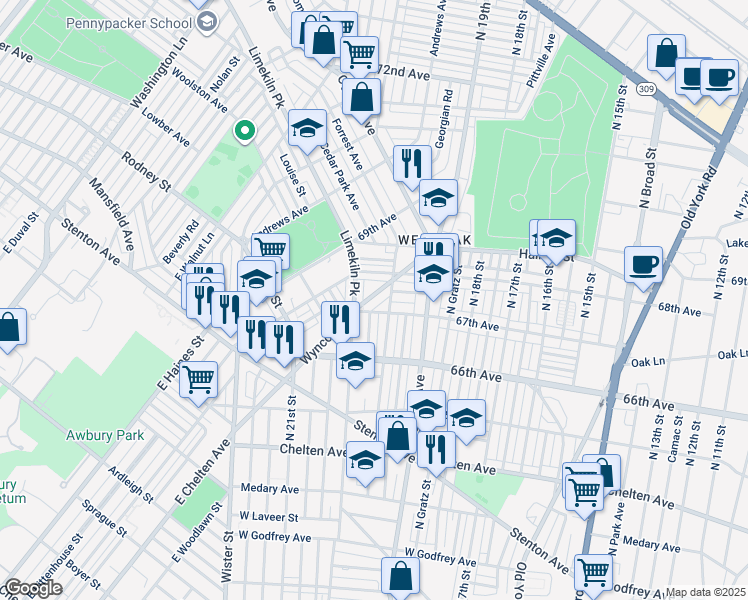 map of restaurants, bars, coffee shops, grocery stores, and more near 6723 Wyncote Avenue in Philadelphia