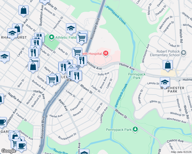 map of restaurants, bars, coffee shops, grocery stores, and more near 8121 Revere Street in Philadelphia