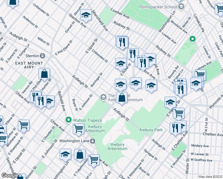 map of restaurants, bars, coffee shops, grocery stores, and more near 6322 Anderson Street in Philadelphia