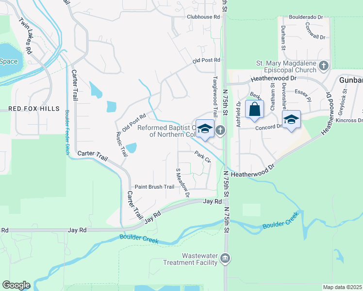 map of restaurants, bars, coffee shops, grocery stores, and more near 4469 South Meadow Drive in Boulder