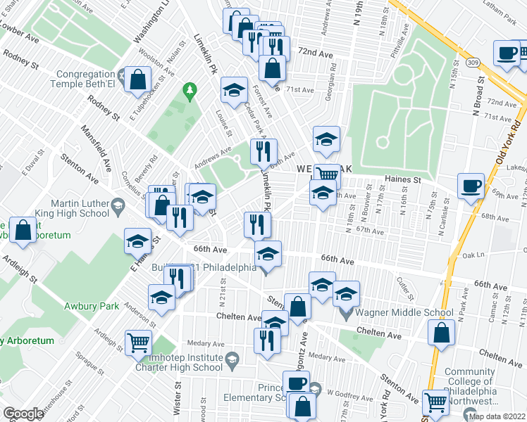 map of restaurants, bars, coffee shops, grocery stores, and more near 6724 Limekiln Pike in Philadelphia