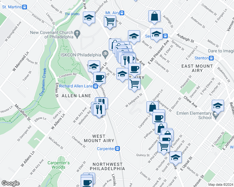 map of restaurants, bars, coffee shops, grocery stores, and more near 137 West Mount Pleasant Avenue in Philadelphia