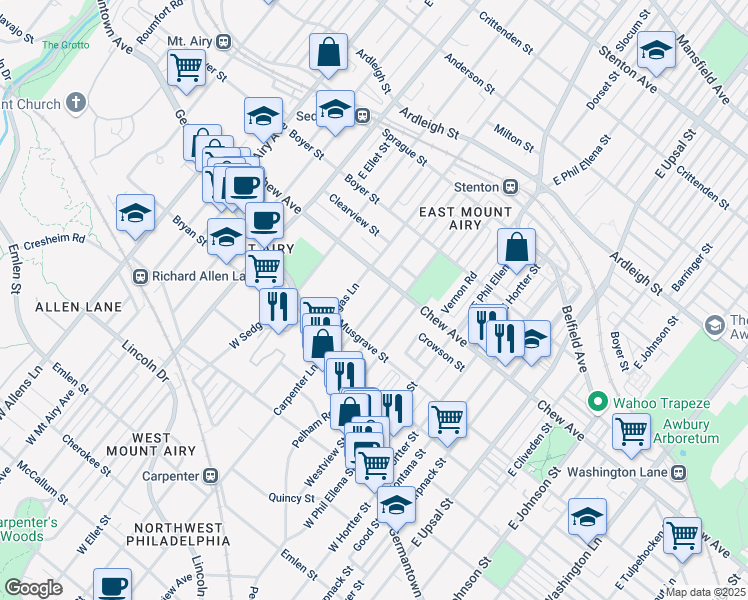 map of restaurants, bars, coffee shops, grocery stores, and more near 147 Meehan Avenue in Philadelphia