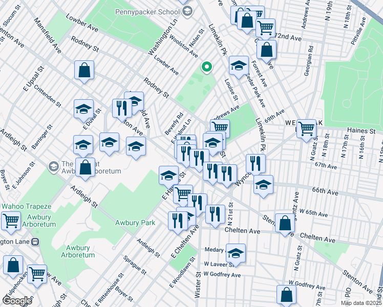 map of restaurants, bars, coffee shops, grocery stores, and more near 6611 Cornelius Street in Philadelphia