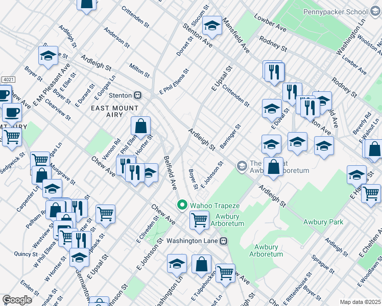map of restaurants, bars, coffee shops, grocery stores, and more near 6472 Matthews Street in Philadelphia