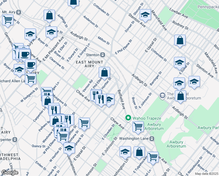 map of restaurants, bars, coffee shops, grocery stores, and more near East Montana Street in Philadelphia