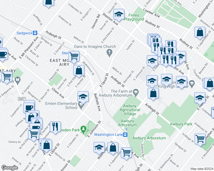 map of restaurants, bars, coffee shops, grocery stores, and more near 6472 Matthews Street in Philadelphia